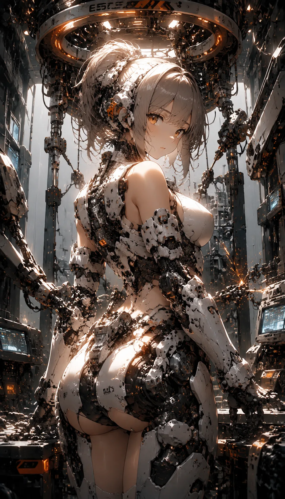 A captivating mecha girl stands amidst intricate mechanical details, illuminated by dramatic lighting that enhances her…