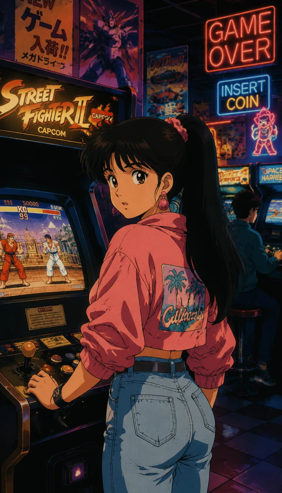 This vibrant artwork captures a retro arcade atmosphere with expressive characters and detailed lighting, evoking a sen…