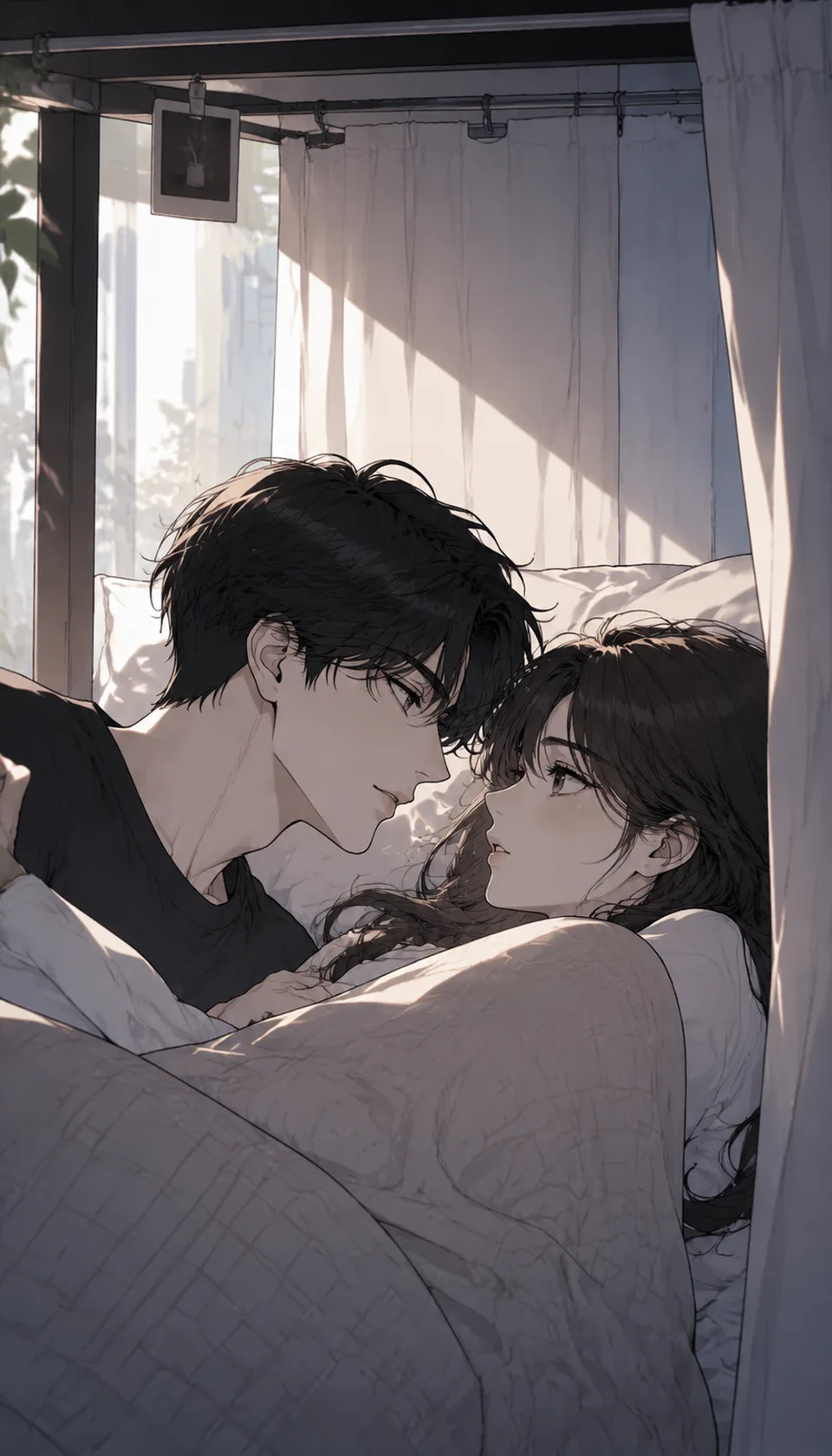 This romantic webtoon scene captures a tender moment between two characters in soft, muted tones. The intimate framing …