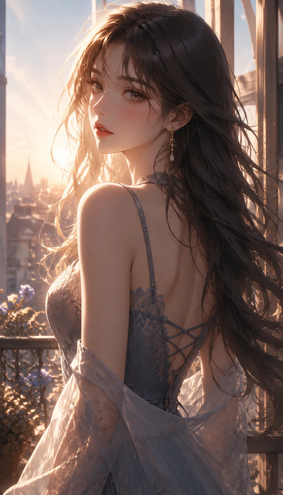 This captivating portrait features an expressive character with soft skin shading, illuminated by warm backlight. The i…