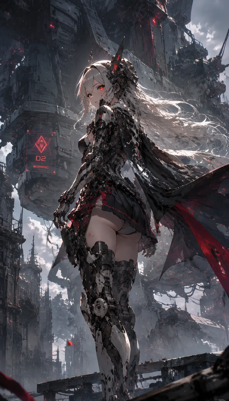 This striking illustration features a mecha girl with intricate mechanical details, set against a cinematic sci-fi back…