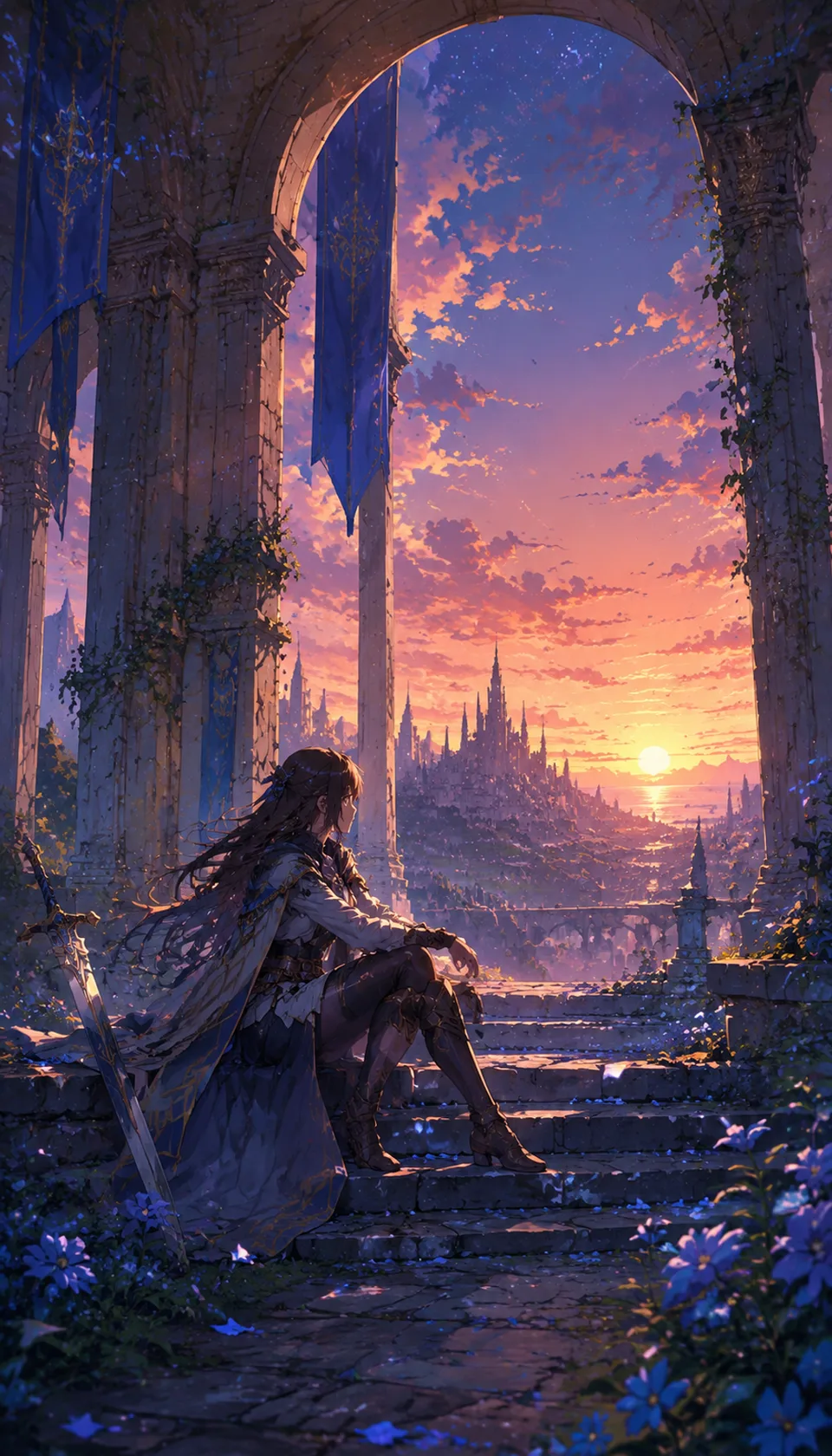 This captivating anime illustration captures a lone figure amidst ancient ruins, bathed in the warm glow of a sunset. T…