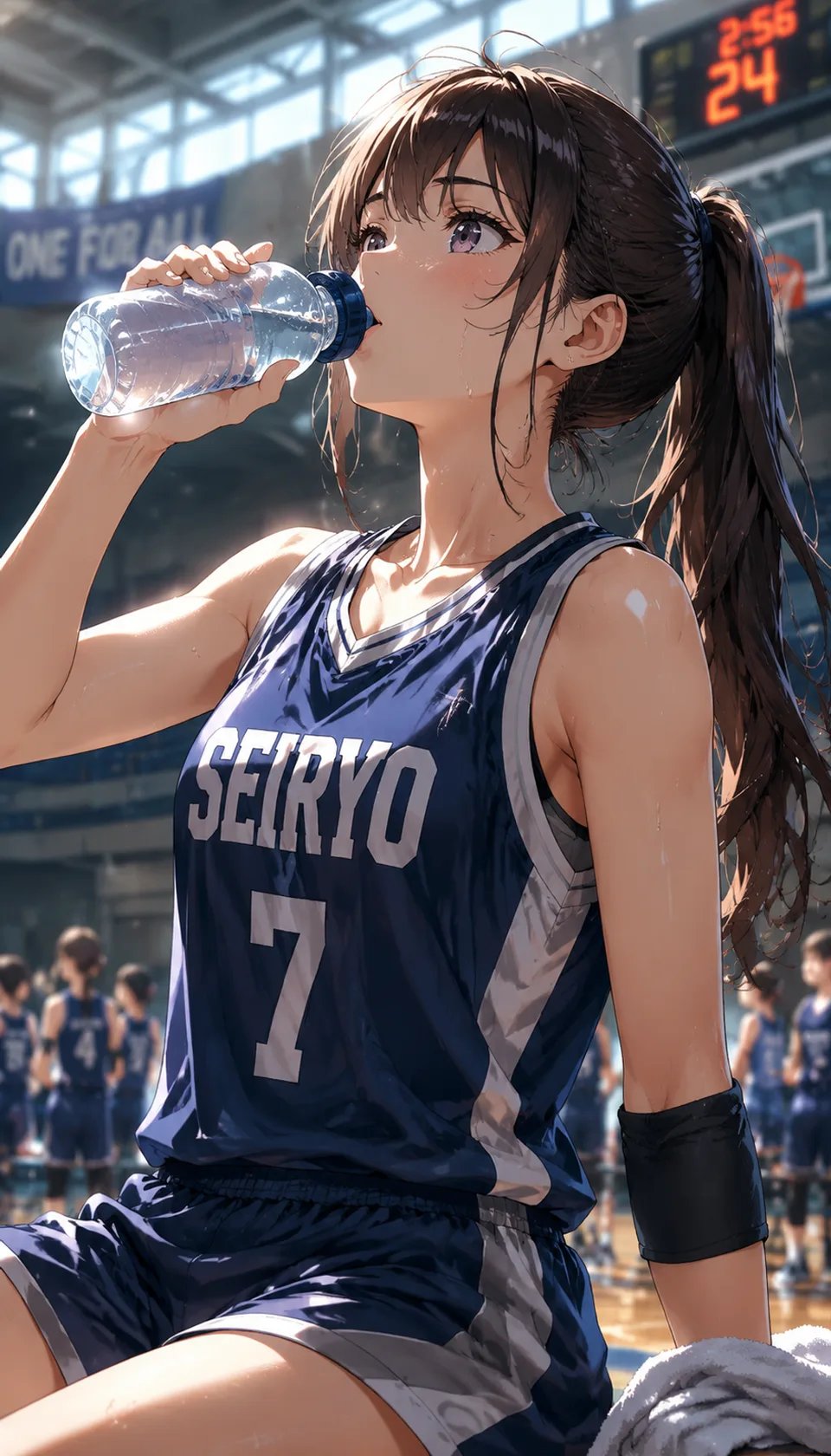 This vibrant illustration captures a sports anime girl in a dynamic pose, showcasing her determination and athleticism …