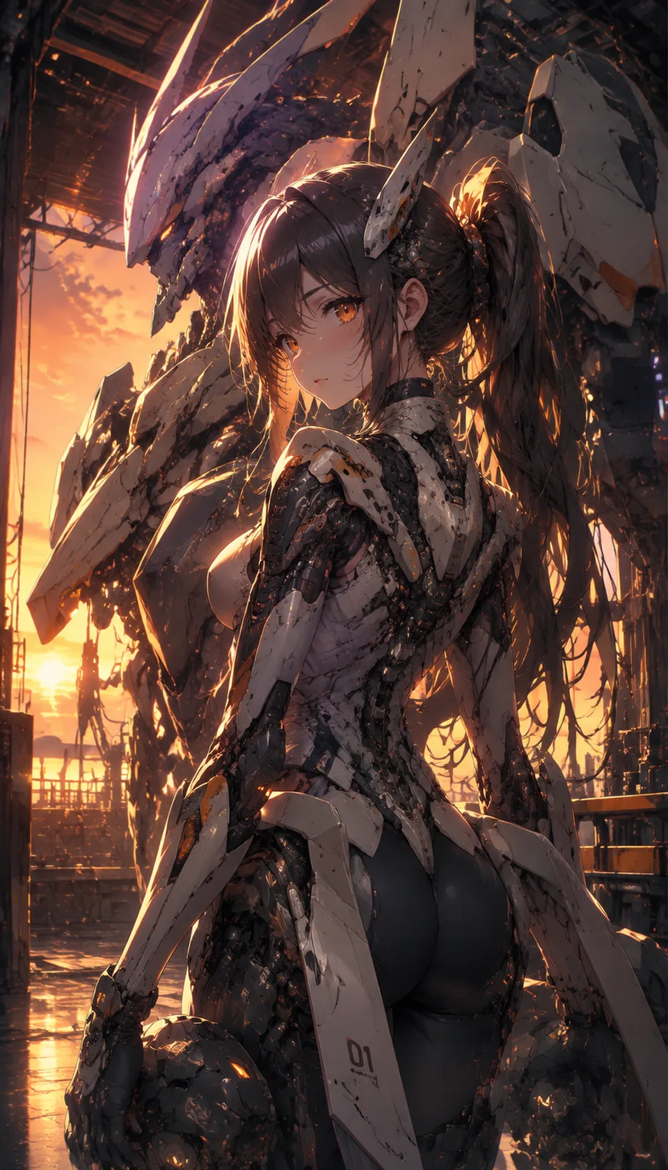 This striking vertical composition features a mecha girl with intricate mechanical details, set against a cinematic sun…