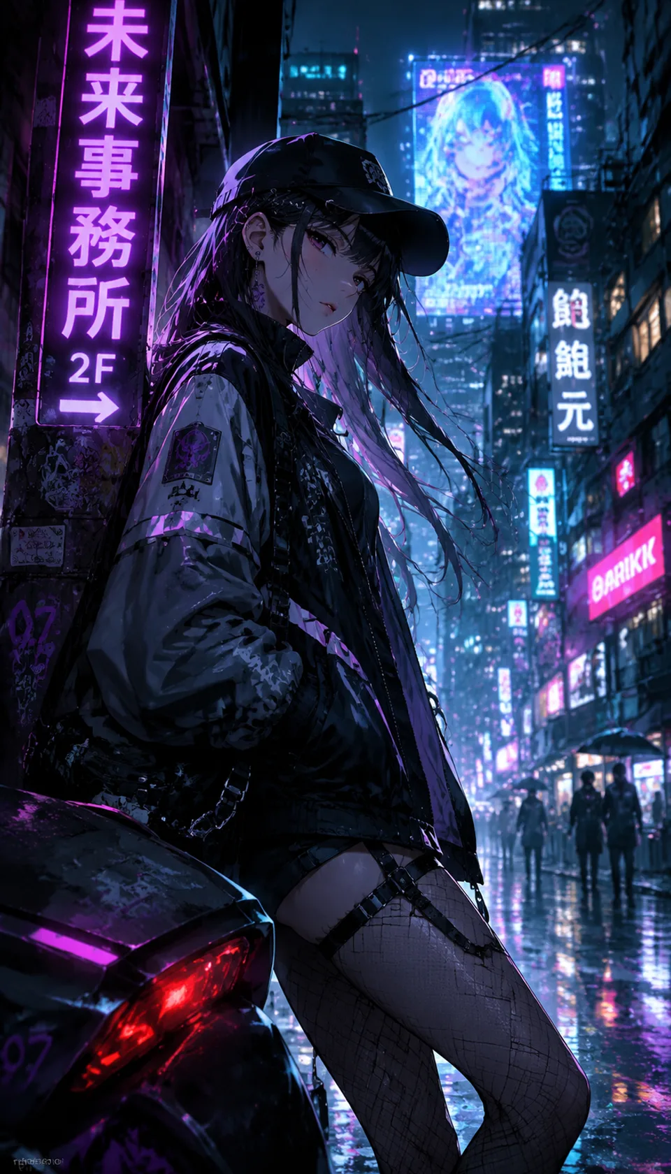 A striking cyberpunk scene featuring a girl in a rain-soaked urban setting, illuminated by vibrant neon lights. The det…