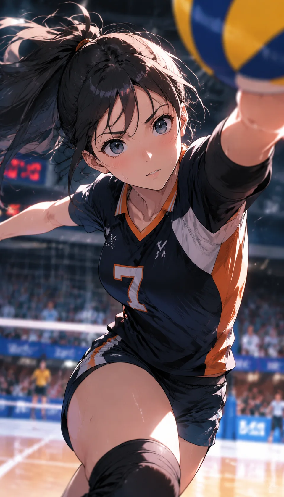 This vibrant illustration captures a sports anime girl in a dynamic volleyball pose, showcasing sweat highlights and cl…