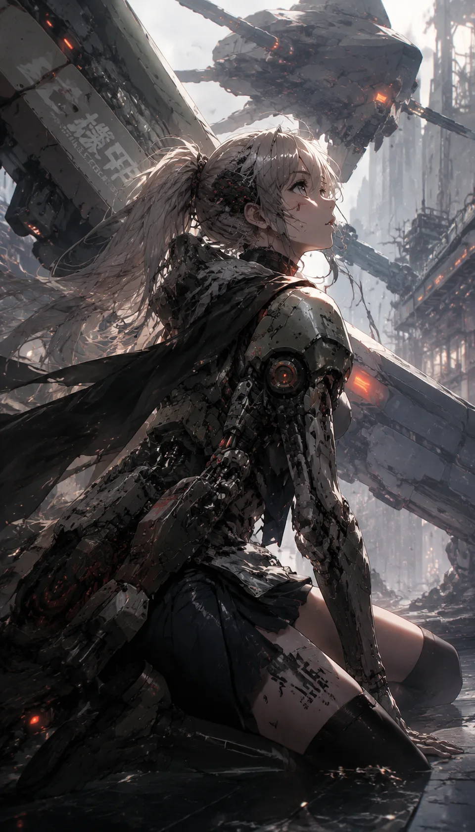 This captivating illustration features a mecha girl amidst a dystopian landscape, combining intricate mechanical detail…