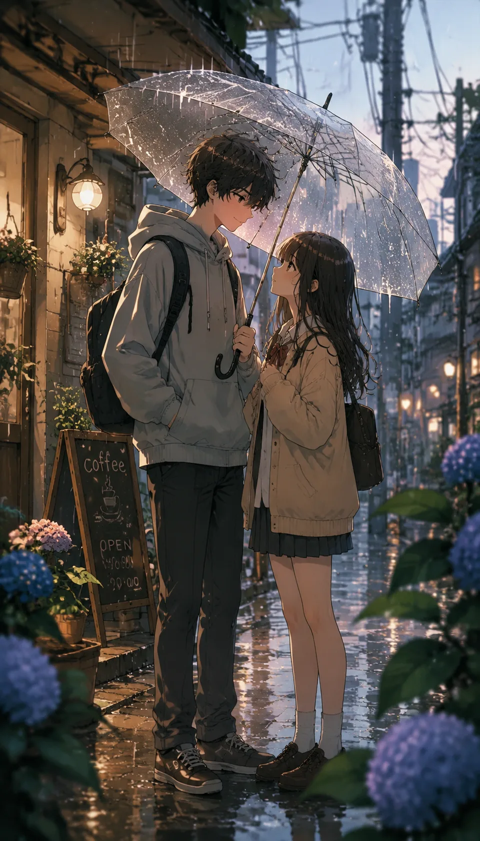This slice of life anime scene captures a tender moment between two characters under an umbrella, surrounded by a rainy…