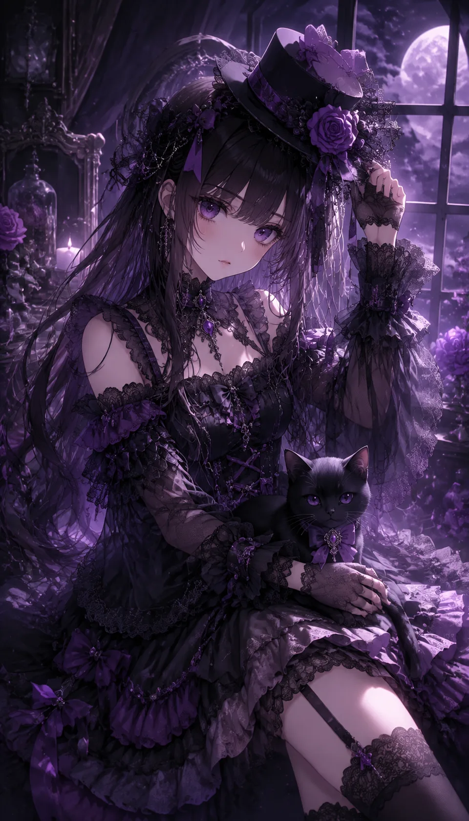 This enchanting piece features a gothic lolita character adorned in intricate lace, set against a moody purple backdrop…