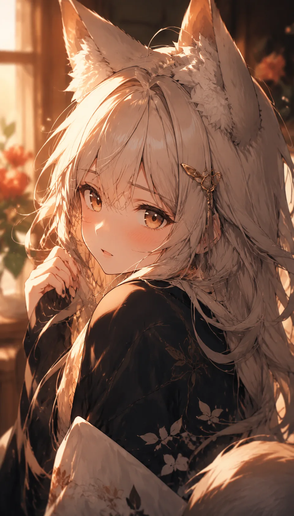 This captivating portrait features a kemonomimi character with expressive ears, illuminated by warm lighting that enhan…