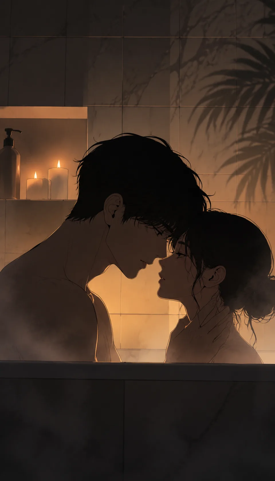 This romantic webtoon illustration features a tender moment between two characters in a steamy bath, highlighted by sof…