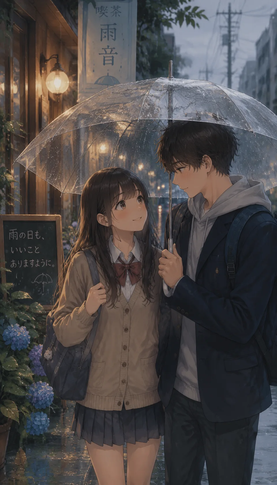 A charming slice of life scene featuring two characters sharing an umbrella in the rain, illuminated by soft, detailed …