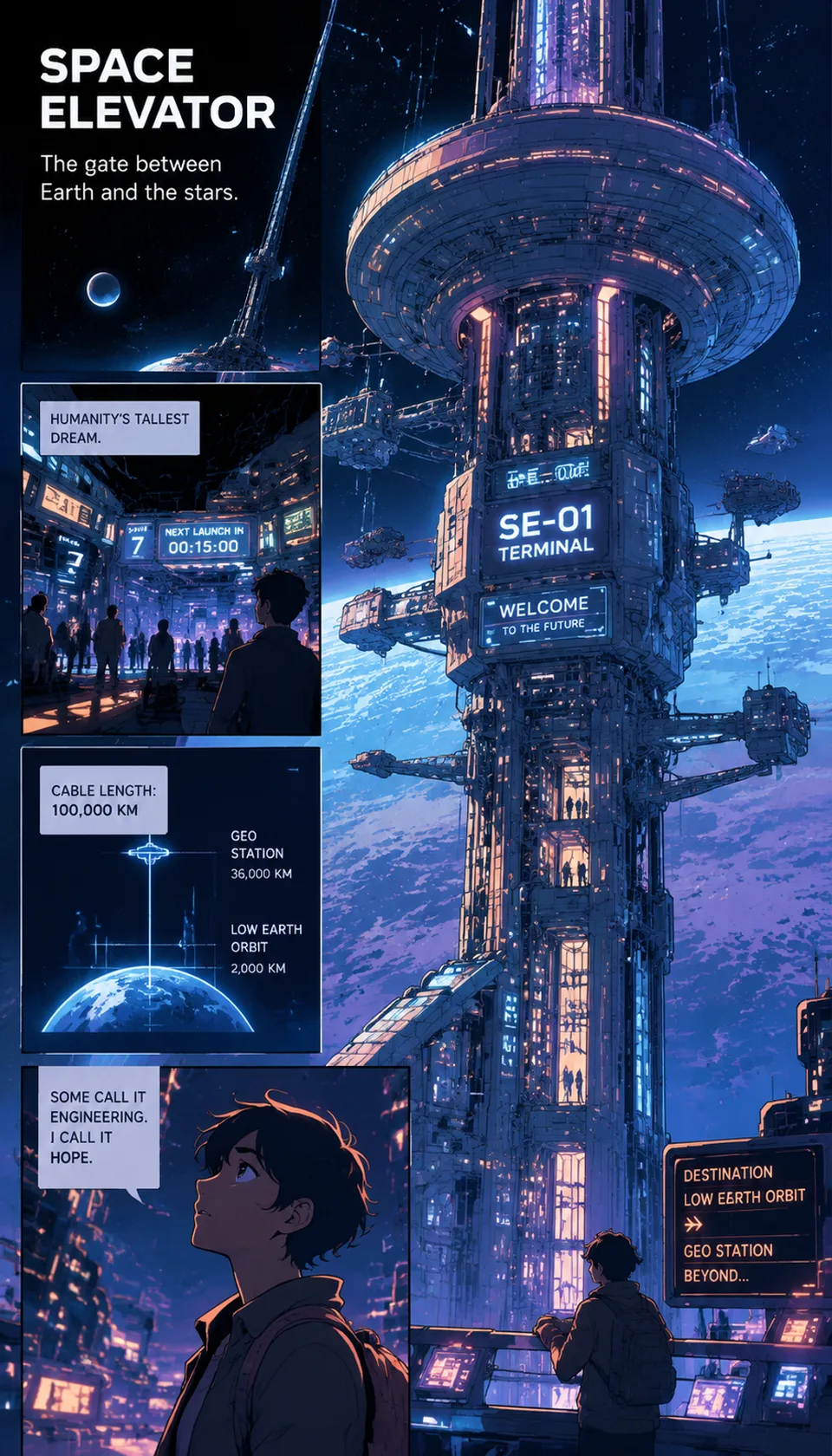 Explore the futuristic space elevator terminal, illuminated by vibrant neon lights and detailed panels, capturing the e…