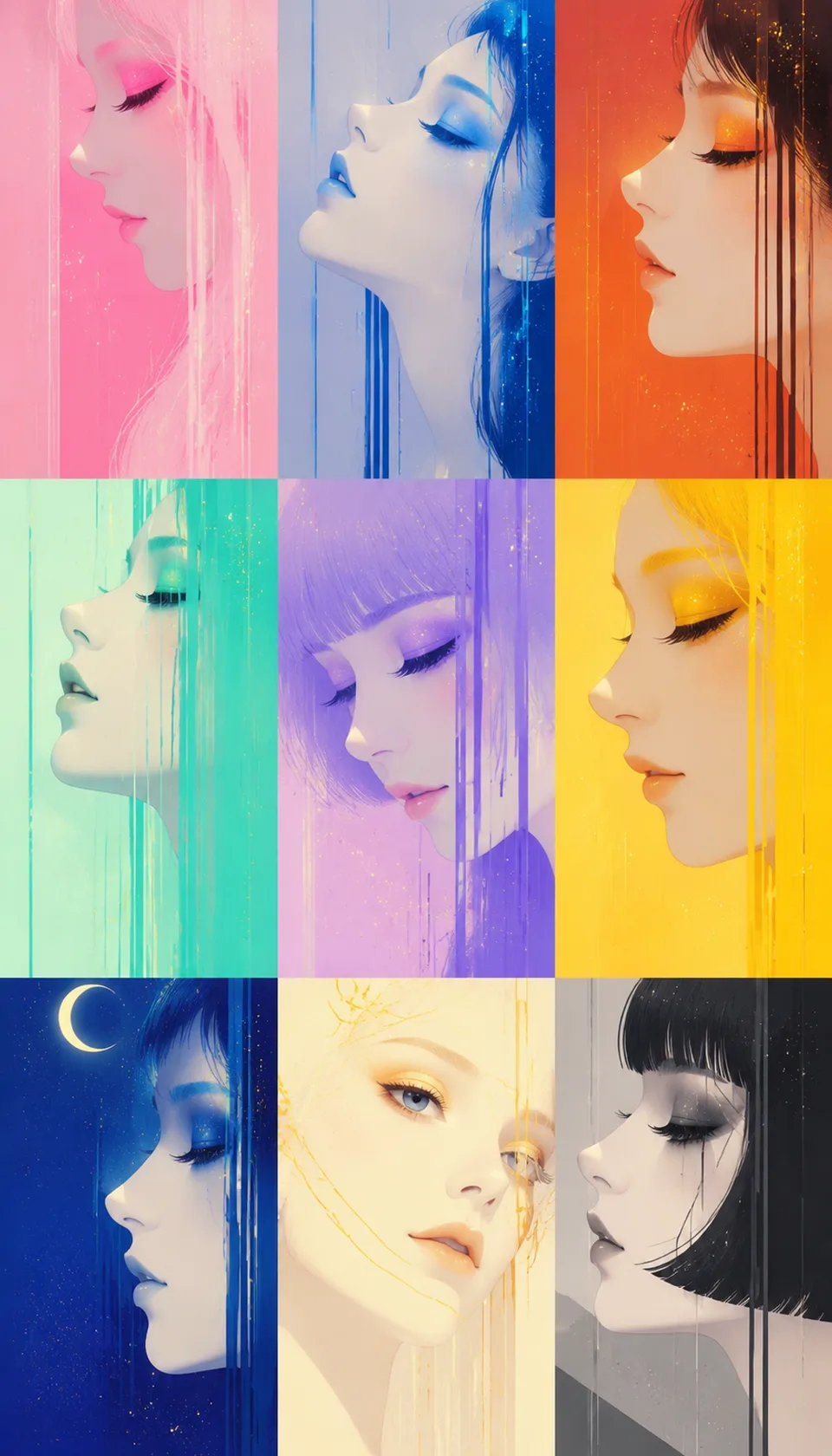 This vibrant collage features nine stylized portraits of women, each showcasing unique color palettes and expressions, …