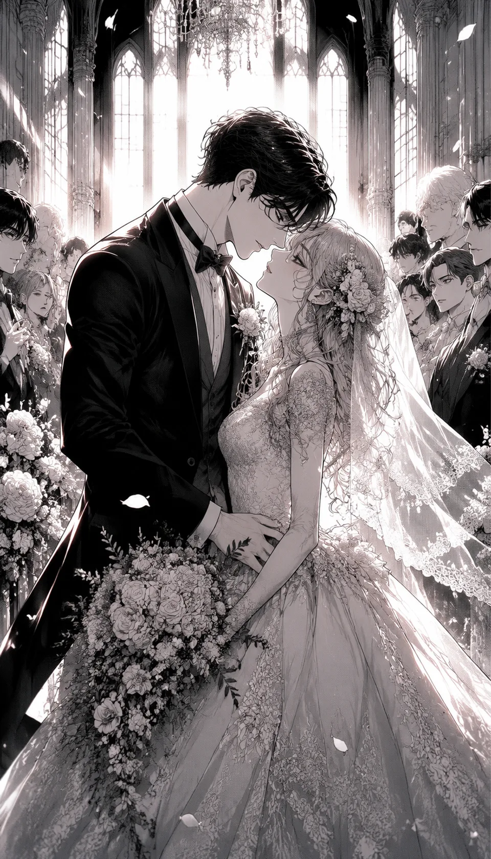 A dramatic wedding scene captures an intimate moment between a couple, surrounded by guests in a beautifully lit cathed…
