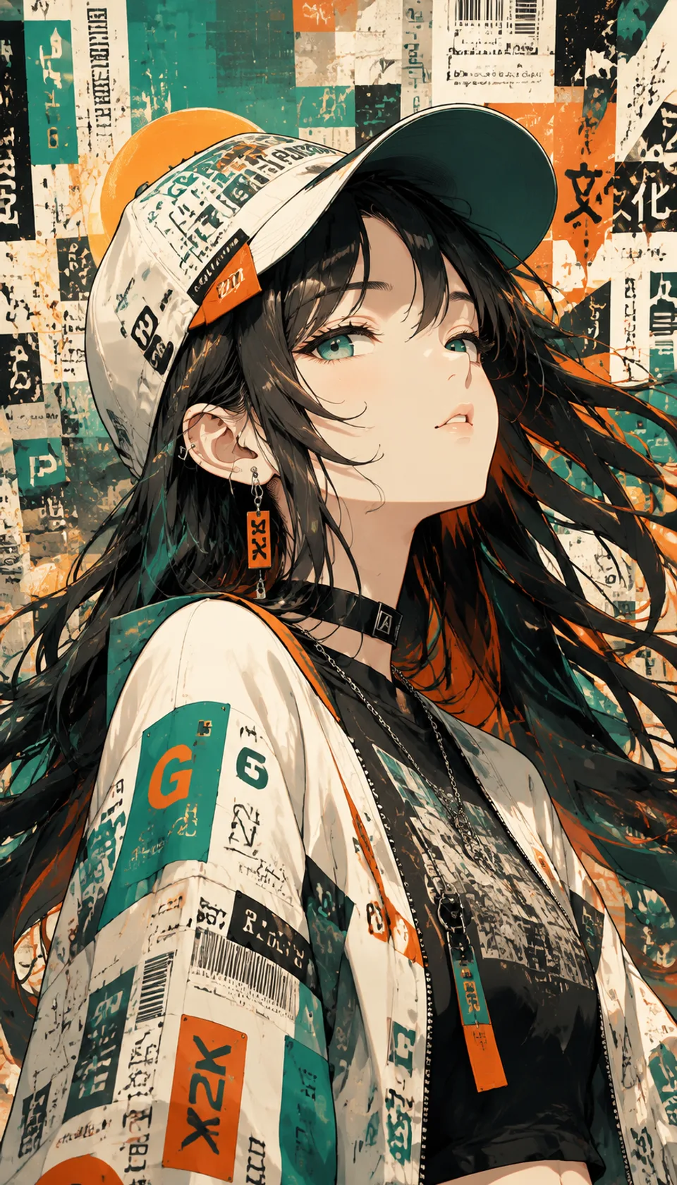 This striking illustration features a young woman in urban streetwear, characterized by vibrant colors and bold pattern…