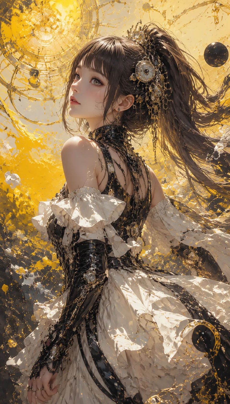 This captivating artwork features a woman in a stunning golden dress, surrounded by intricate patterns and a luminous b…