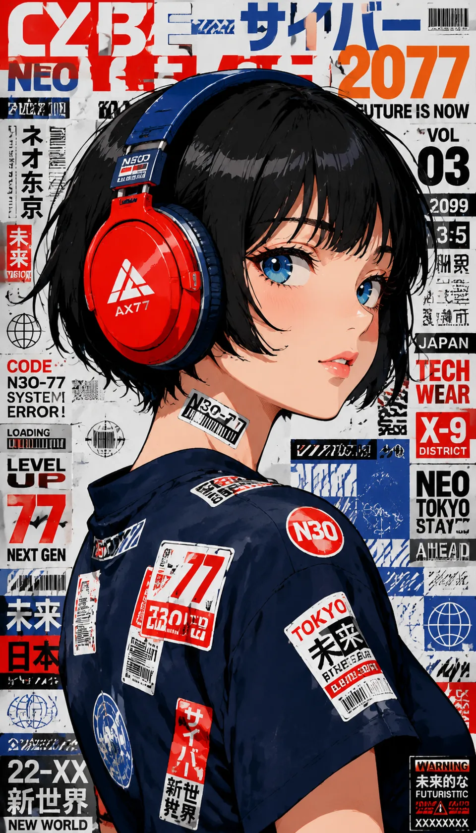 This striking half-body portrait features a girl with black hair and vibrant red and blue headphones, set against a cha…