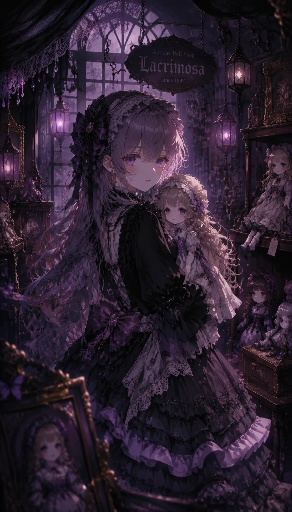 A moody scene featuring a gothic lolita character surrounded by antique dolls, illuminated by soft purple lighting. The…