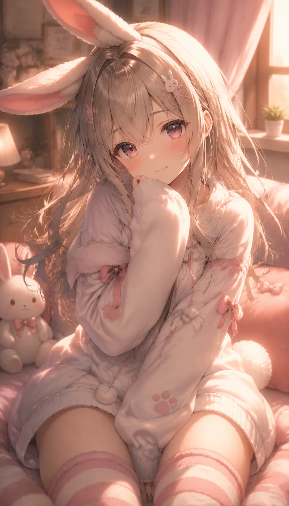 This enchanting anime portrait features a character with expressive bunny ears, set in a cozy environment with soft lig…
