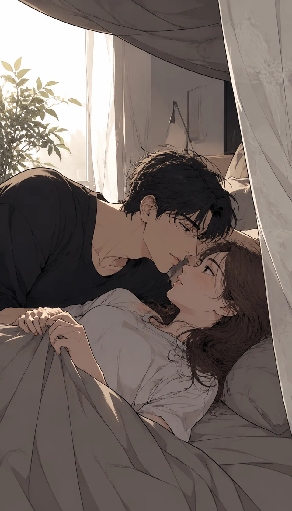 This romantic webtoon scene captures an intimate moment between two characters, framed beautifully with soft lighting a…