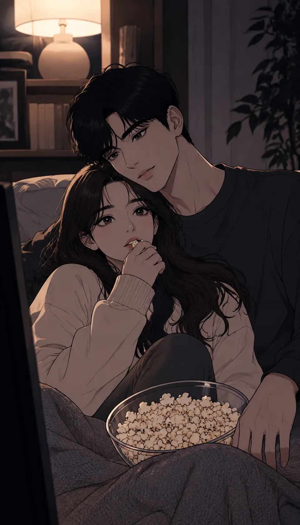 Cozy Movie Night Romance in Webtoon Style