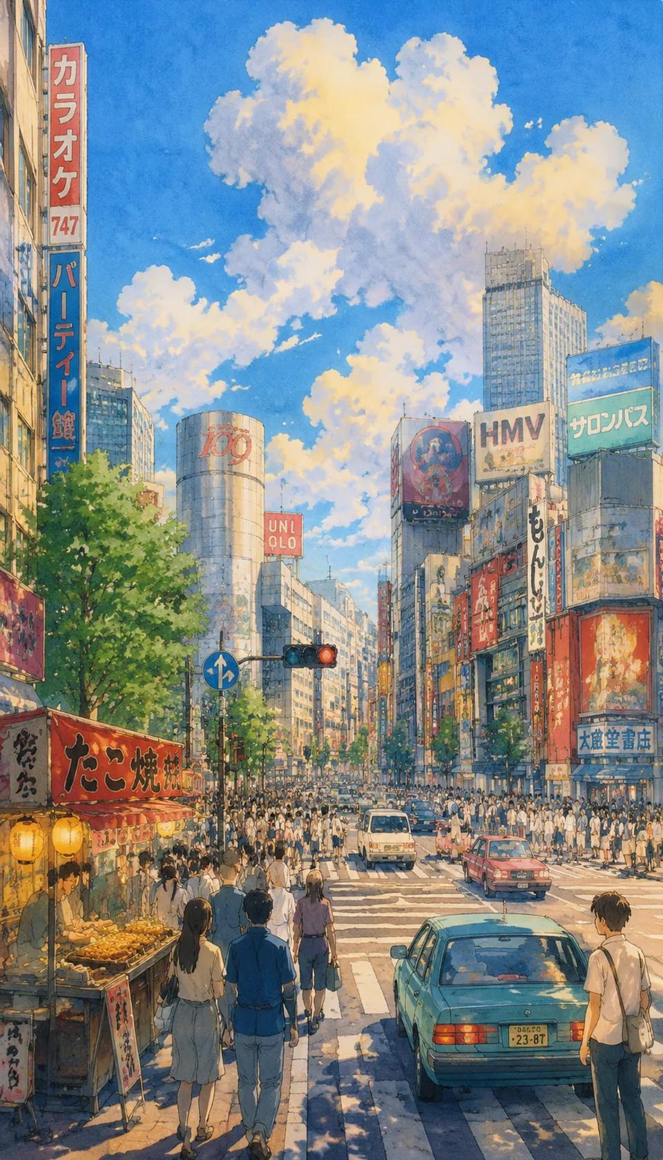 A bustling urban landscape filled with crowds and traffic, illuminated by colorful neon signs and sunlight. The lively …