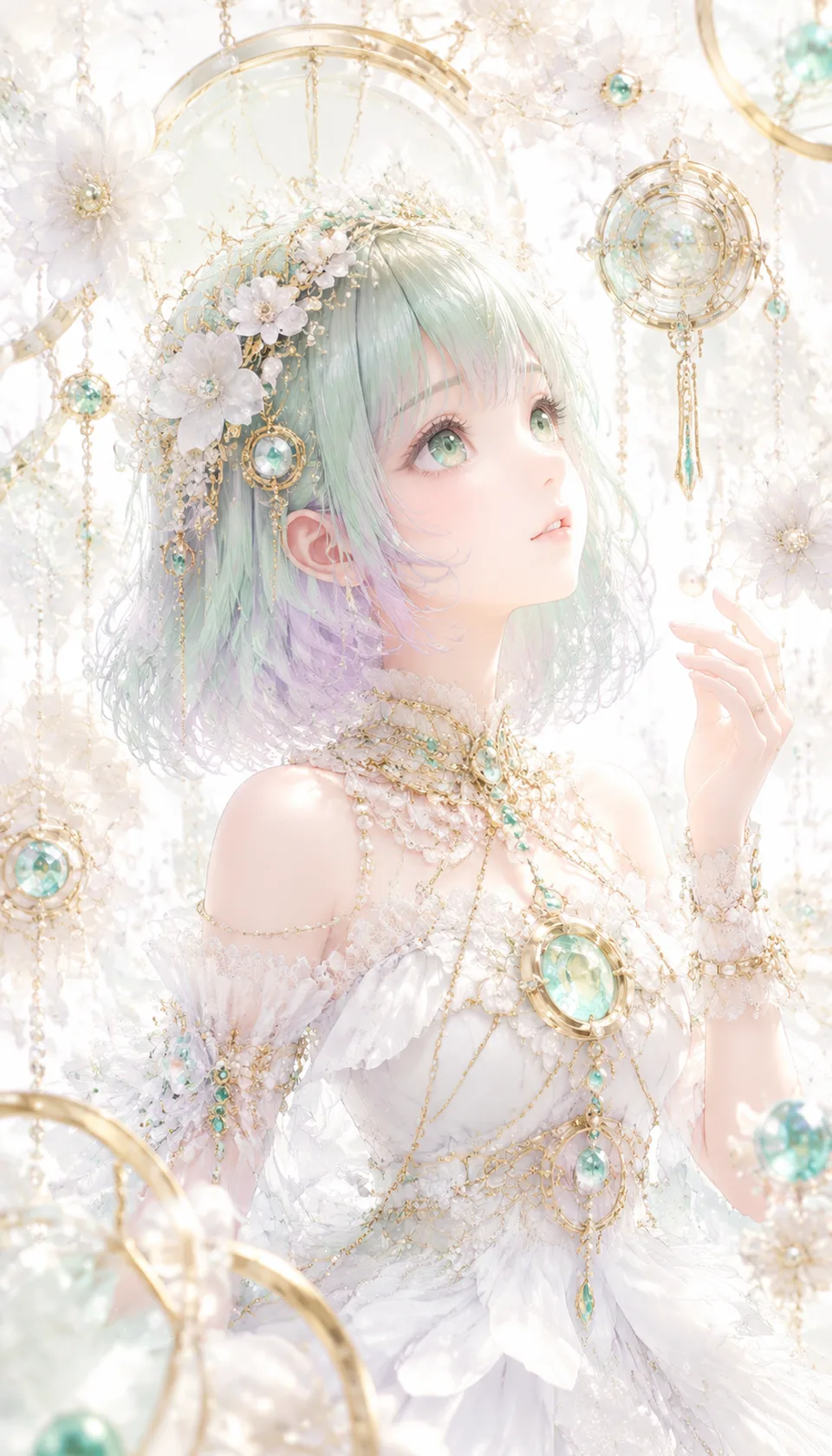 A dreamy portrait of a lavender-haired girl adorned with a floral crown, surrounded by ethereal crystal elements. The s…