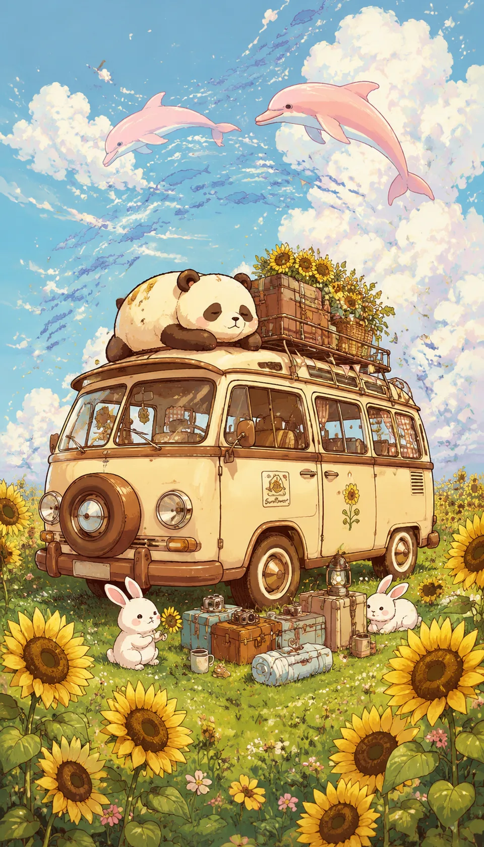 A charming scene featuring a vintage cream-colored van surrounded by sunflowers, with a panda lounging on top and playf…