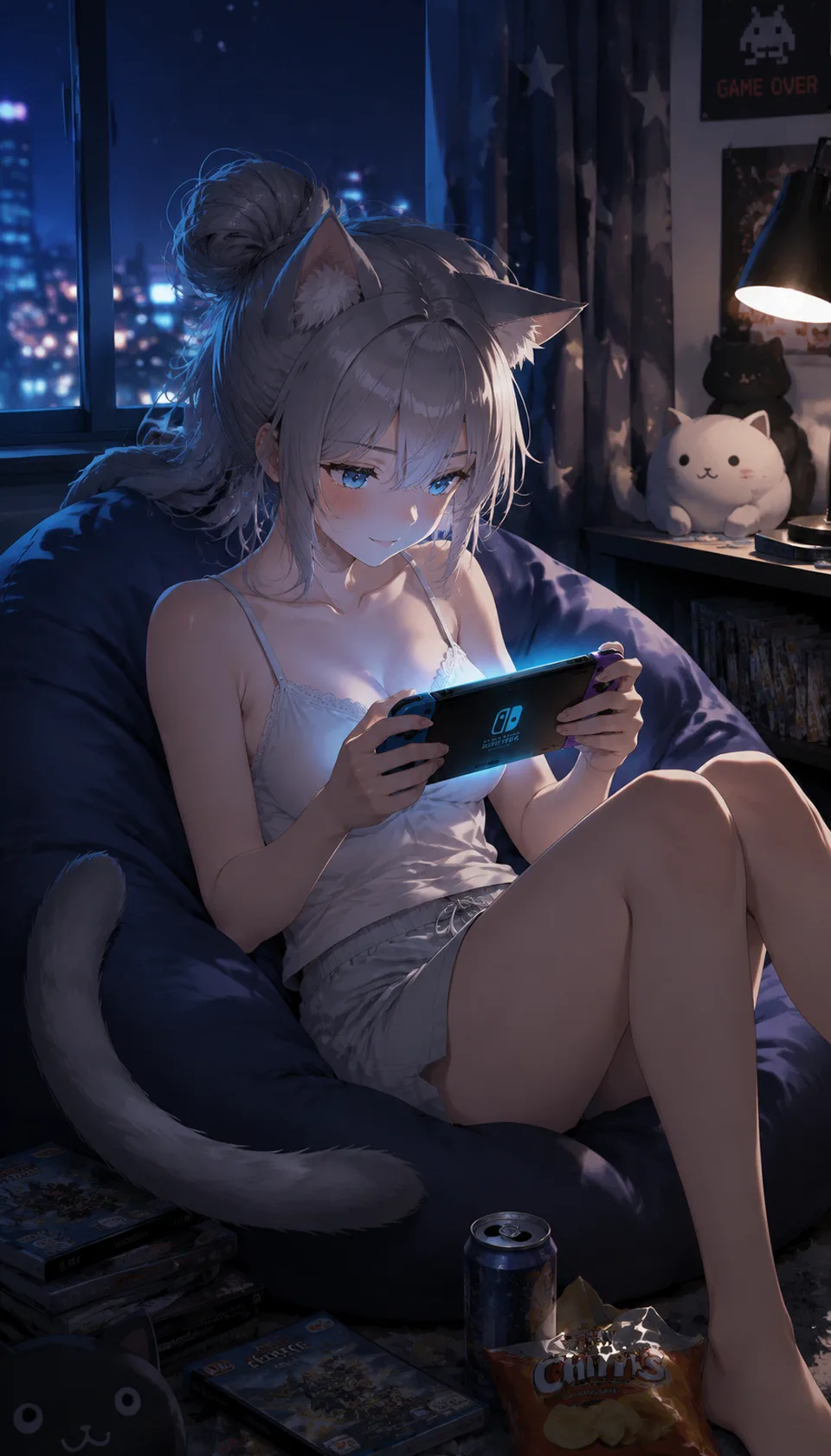 A serene scene of a young girl with cat ears, immersed in gaming on a cozy beanbag chair. The soft lighting and plush s…