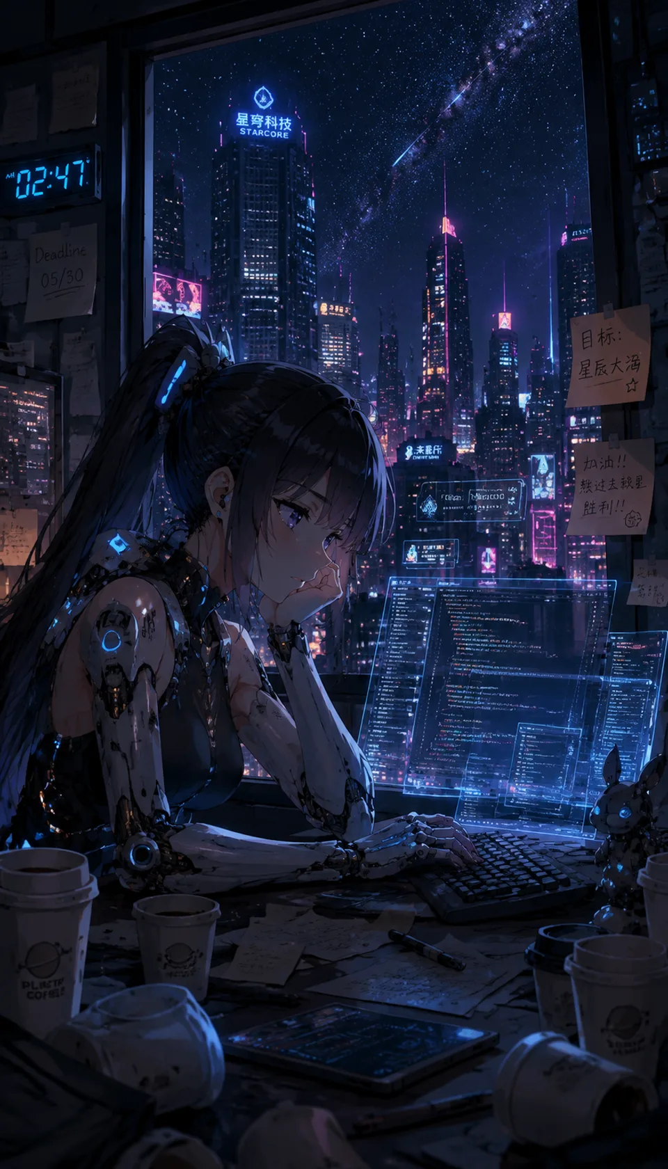 A mecha girl character works late into the night, surrounded by holographic screens and a vibrant city skyline. Her tir…