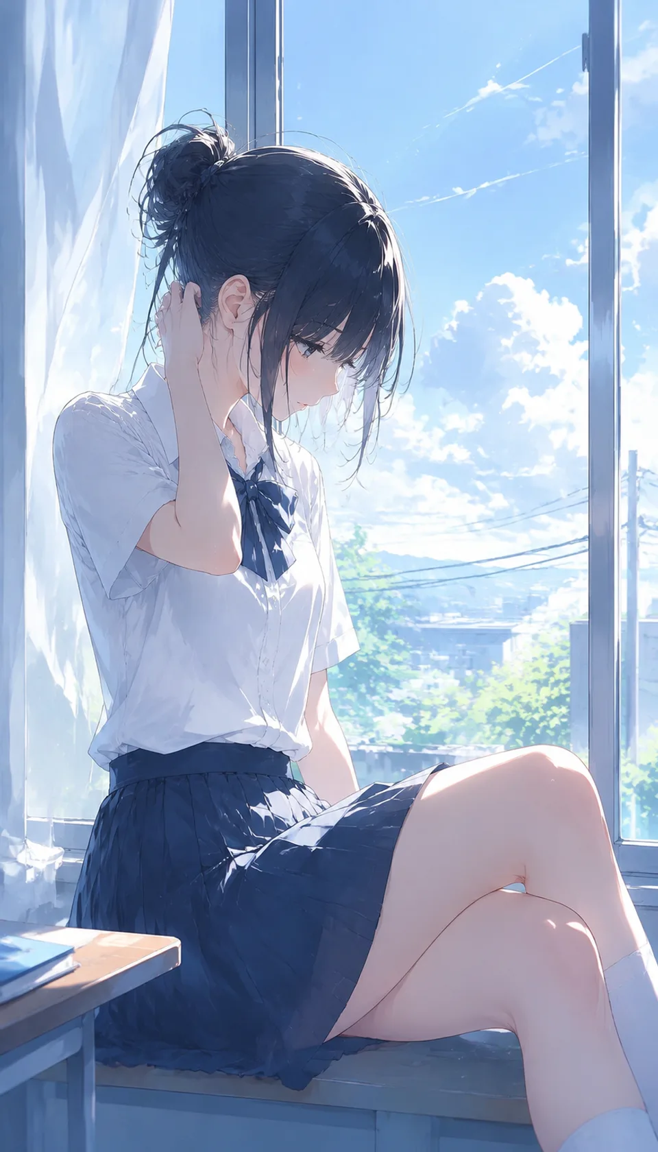 A serene depiction of a high school girl in a casual pose, illuminated by soft morning light. Her thoughtful expression…