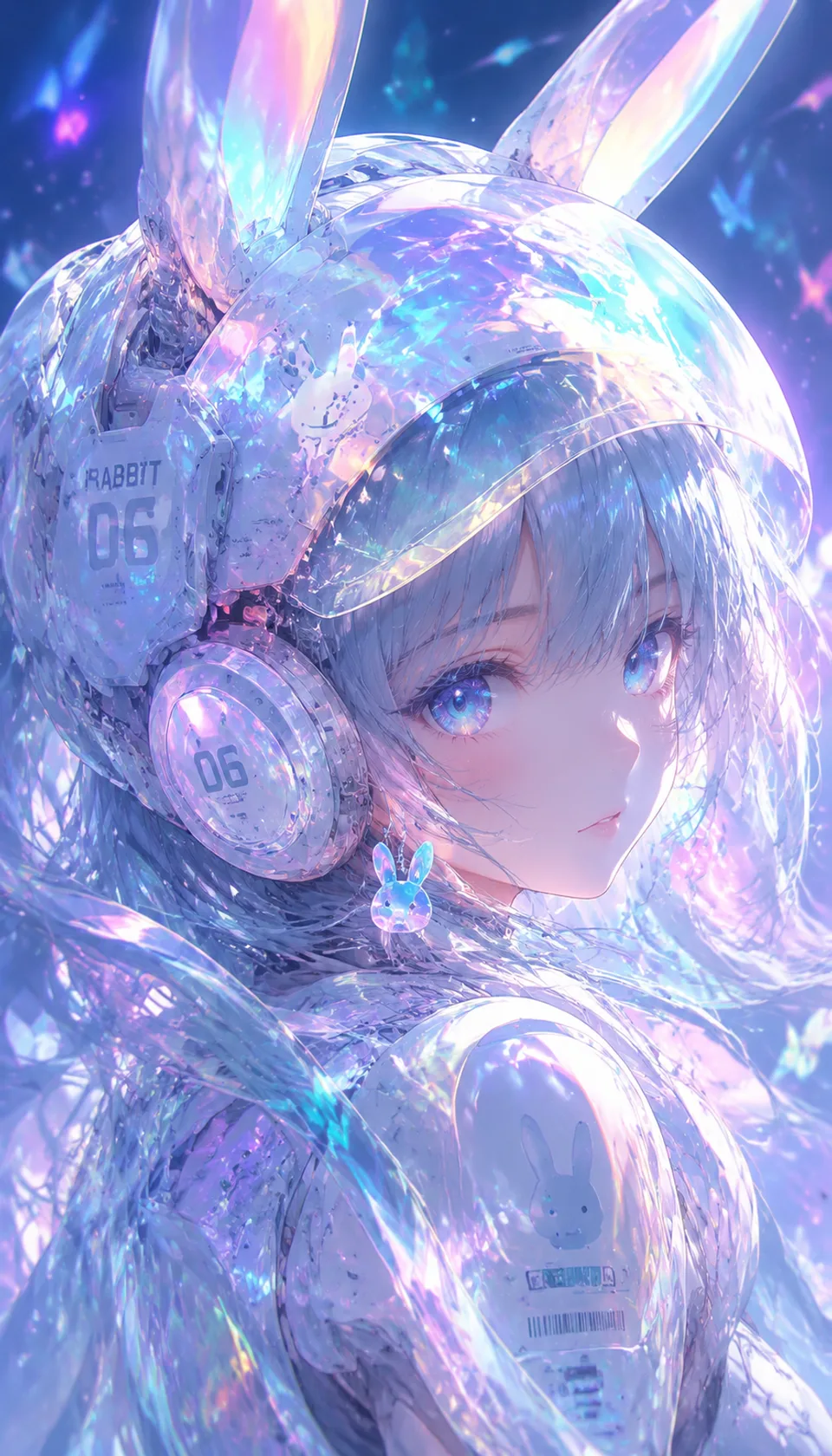 This close-up portrait features a stunning anime girl with light blue eyes, adorned in a translucent rabbit ear helmet.…