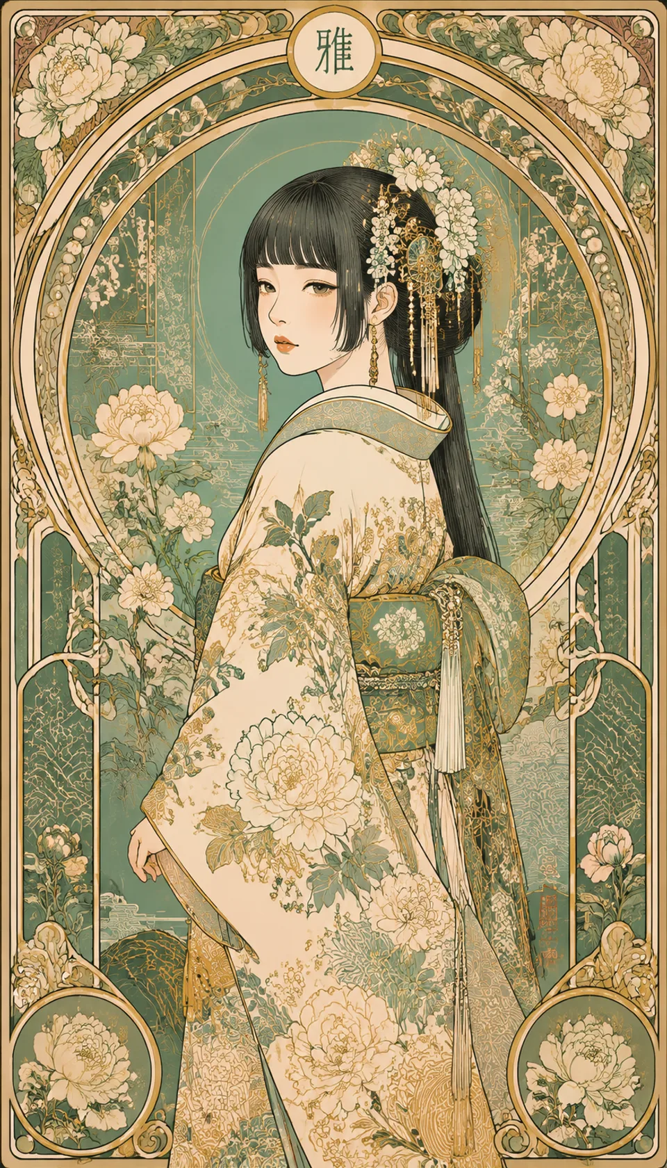 This exquisite illustration features a serene young Japanese girl adorned in a detailed white and gold kimono, framed b…
