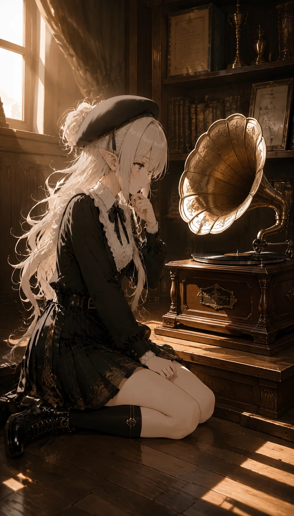 This enchanting anime illustration features a young girl in a vintage room, kneeling thoughtfully beside a gramophone. …