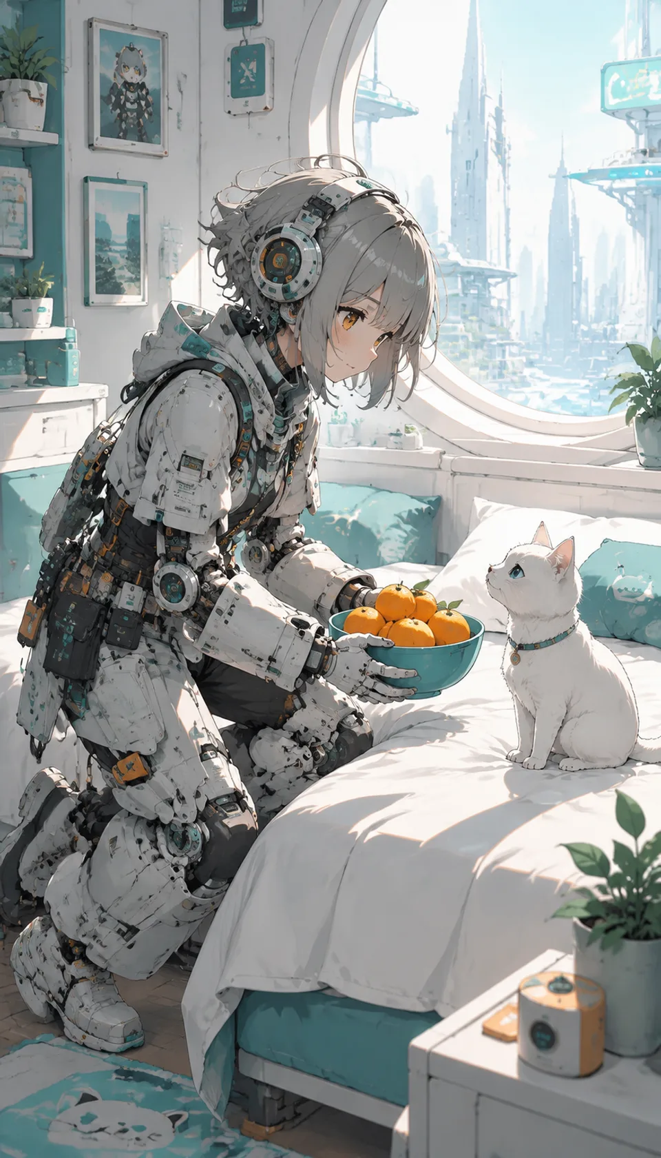 In a bright, futuristic room, a gray-haired mechanical figure presents a bowl of orange fruit to a curious white cat, s…