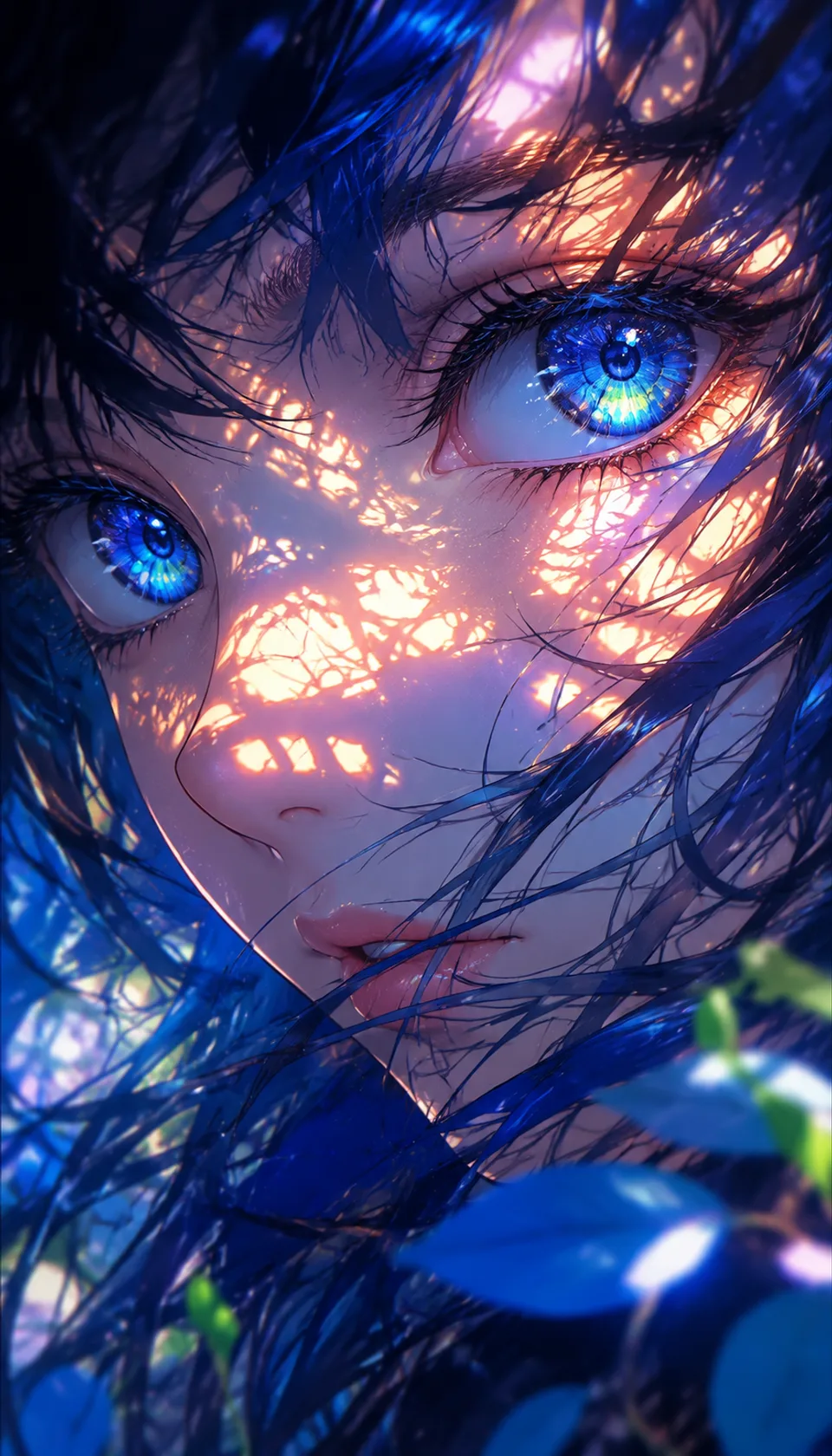 This striking close-up features an anime girl with vibrant electric blue eyes and intricate details, illuminated by war…