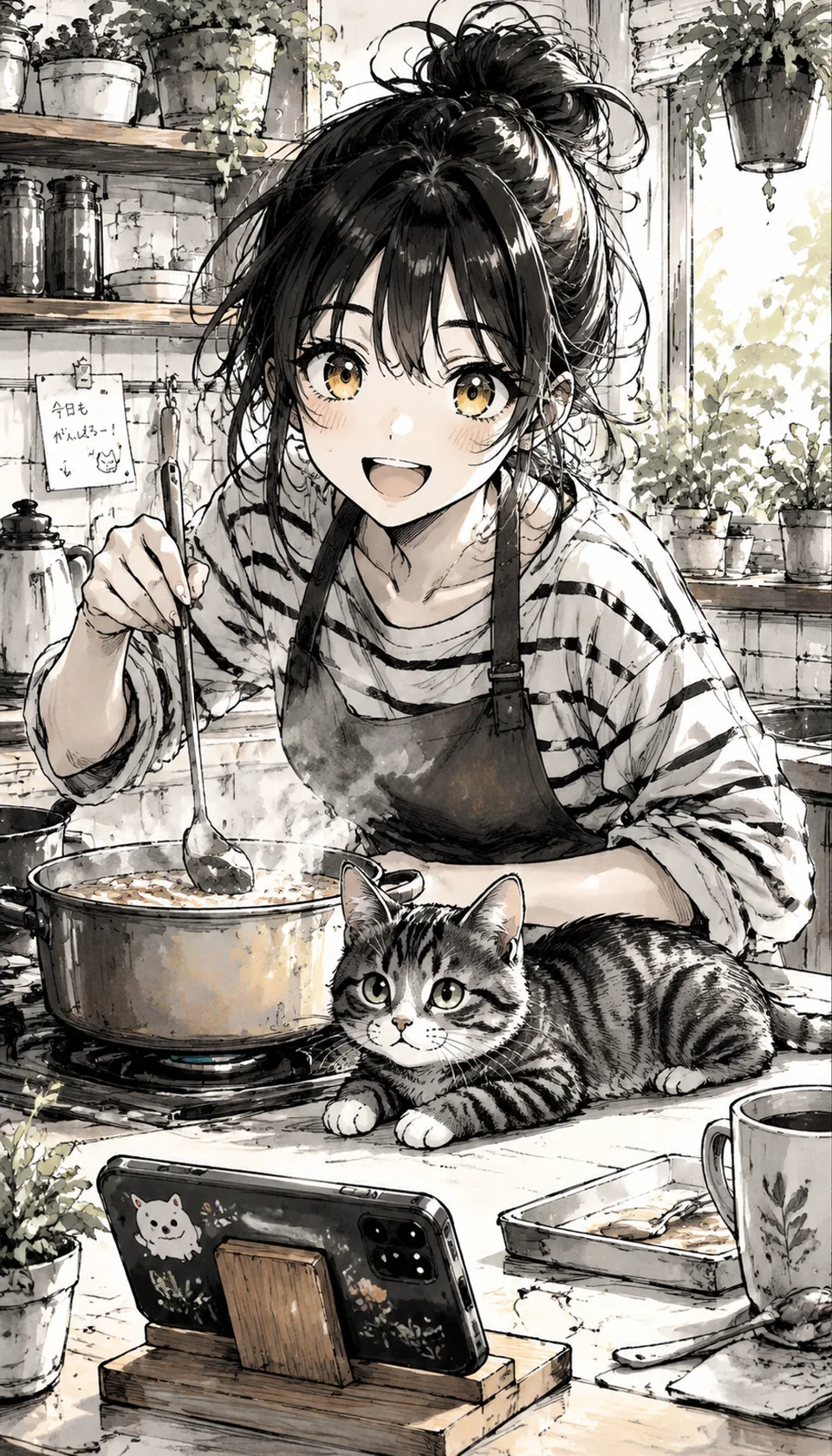 Cheerful Anime Girl Cooking with Cat