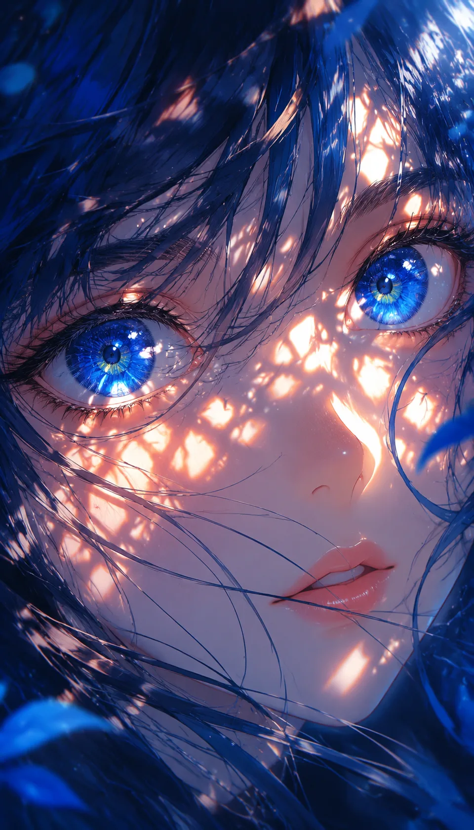 This striking close-up features an anime girl with vibrant blue eyes and intricate details, illuminated by dappled sunl…