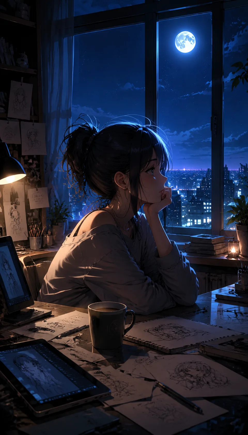 A serene anime girl gazes out at the night cityscape, illuminated by soft moonlight. The warm glow of her surroundings …