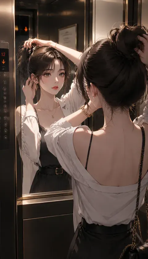 动漫美女·电梯镜前整理头
