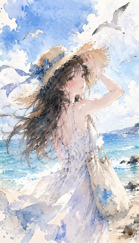 水彩动漫·海边速写 · AI图集 · 阿鱼鲸