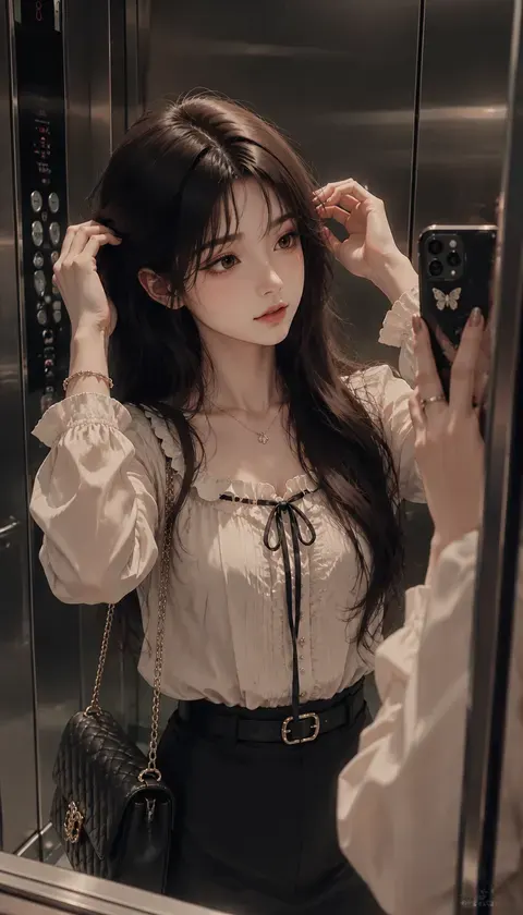 动漫美女·电梯镜前整理头 · AI图集 · 晚风收藏家3