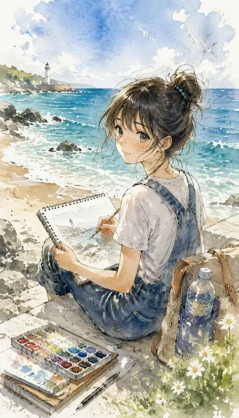 水彩动漫·海边速写 · AI图集 · 柚子少女55