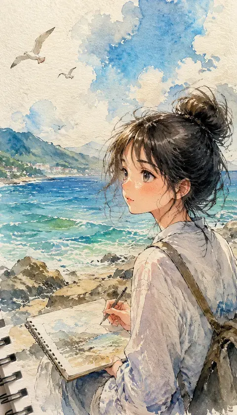 水彩动漫·海边速写 · AI图集 · 白桃少年