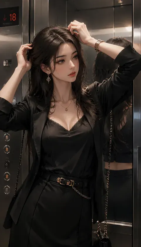 动漫美女·电梯镜前整理头 · AI画像集 · 山海潜水员