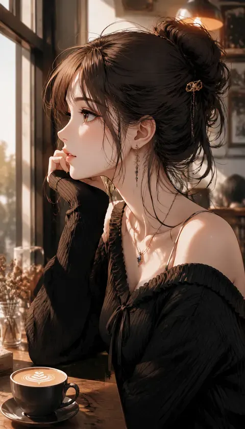 动漫美女·咖啡馆侧脸 · AI图集 · 柚子刷漫人