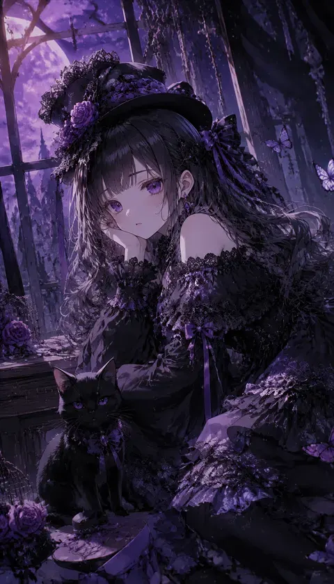 哥特萝莉·黑猫与礼帽 · AI图集 · 雾岛少女