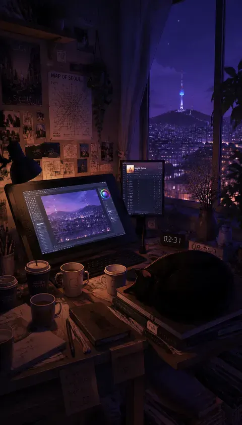 새벽 작업실의 빛 · AI 이미지 모음 · 暮色的猫咪
