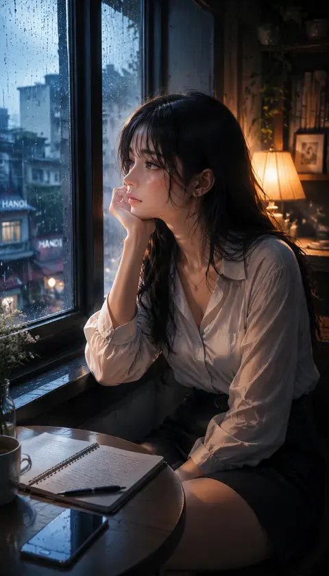 빗창가 소녀 · AI 이미지 모음 · 南巷的少女